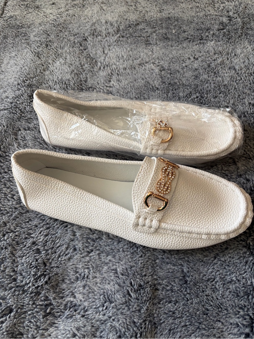SHEIN White Textured Moccasin Loafers with Gold Chain Accent